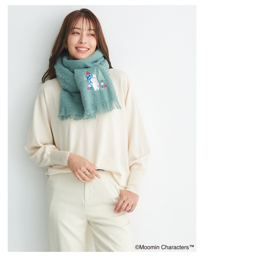 【2025新作】【ムーミンコラボ】ムーミン刺繍 ブークレーシャギー無地ストール 54cm×188cm Moomin