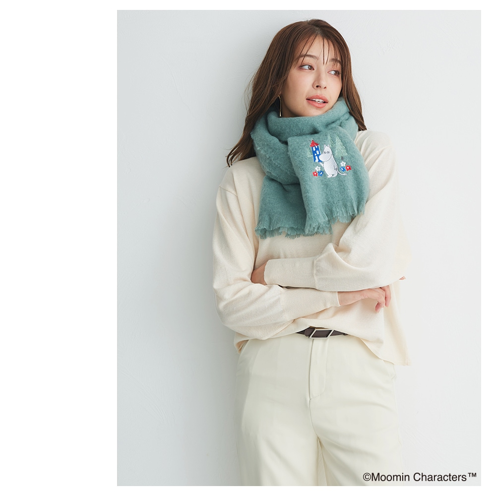 【2025新作】【ムーミンコラボ】ムーミン刺繍 ブークレーシャギー無地ストール 54cm×188cm Moomin
