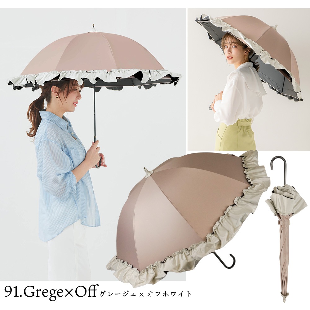 【再入荷】100％完全遮光 UVカット 日傘/雨傘/晴雨兼用傘 超撥水 ブラックコーティング リボン付BIGフリルショート傘 makez.(マケズ) 親骨55cm