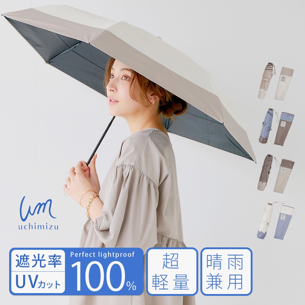 【軽量折りたたみ傘】 100％完全遮光 日傘/雨傘/晴雨兼用傘 折りたたみ傘 uchimizu(ウチミズ) 切替 親骨50cm