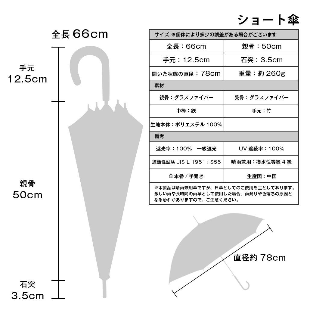 【2026新作】100％完全遮光 日傘/雨傘/晴雨兼用傘 ブラックコーティング 竹製ハンドル バンブーハンドル ショート傘 レース柄 親骨50cm