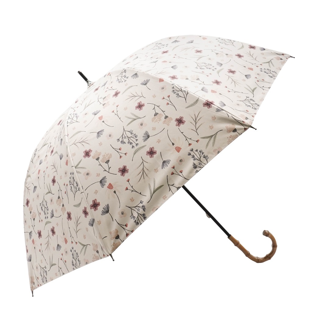 【2026新作】100％完全遮光 日傘/雨傘/晴雨兼用傘 ブラックコーティング 竹製ハンドル バンブーハンドル ショート傘 マルチボタニカル柄 親骨50cm