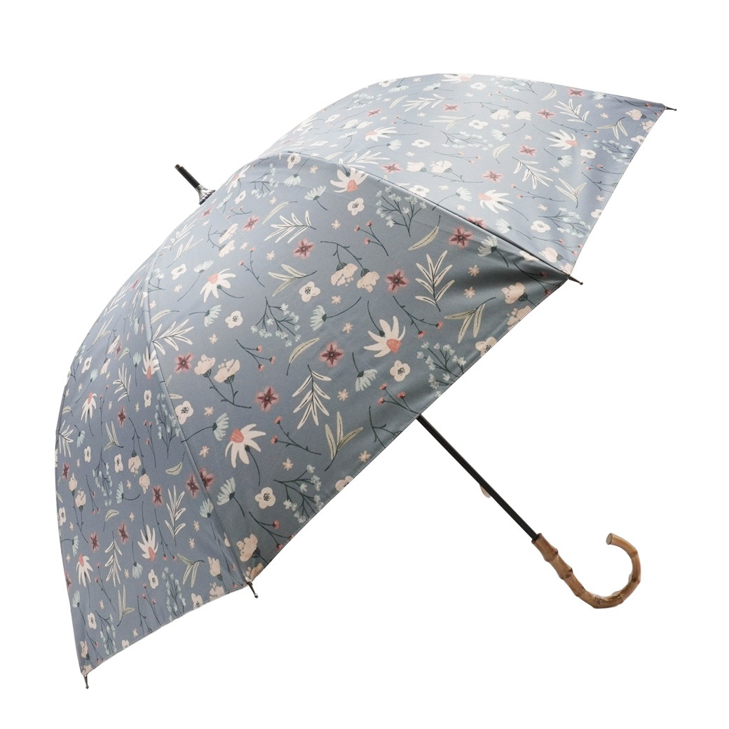 【2026新作】100％完全遮光 日傘/雨傘/晴雨兼用傘 ブラックコーティング 竹製ハンドル バンブーハンドル ショート傘 マルチボタニカル柄 親骨50cm