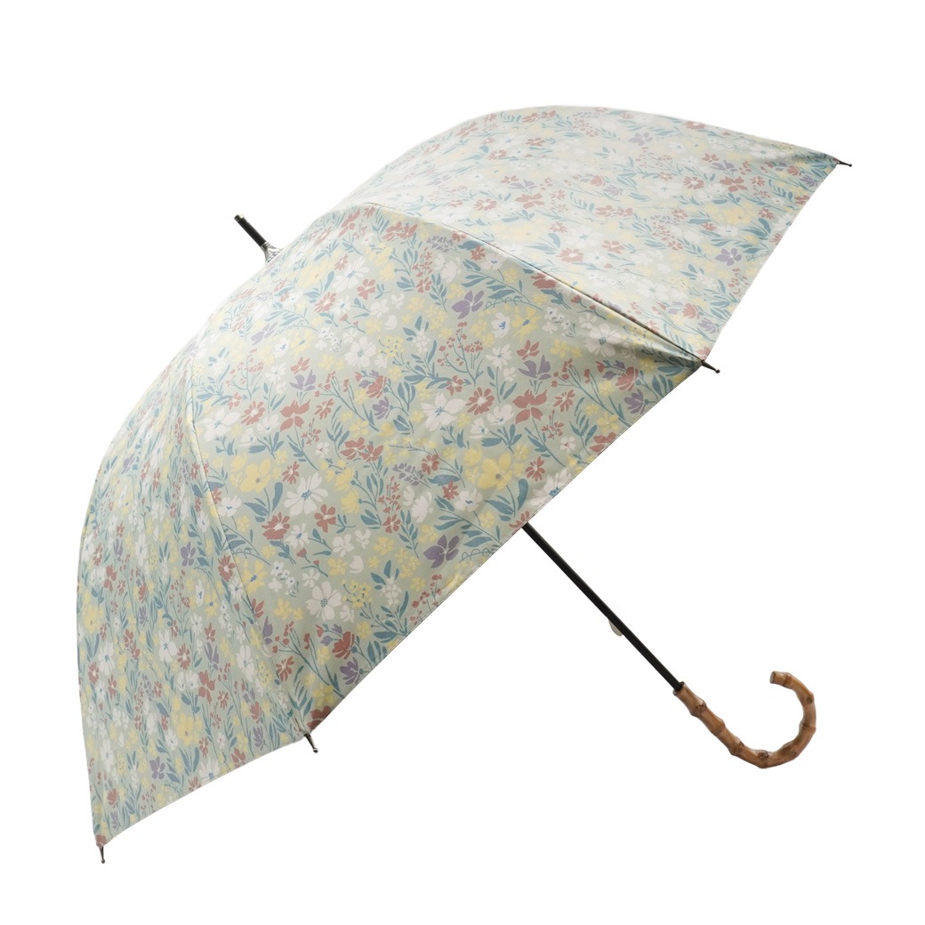 【2026新作】100％完全遮光 日傘/雨傘/晴雨兼用傘 ブラックコーティング 竹製ハンドル バンブーハンドル ショート傘 マルチボタニカル柄 親骨50cm