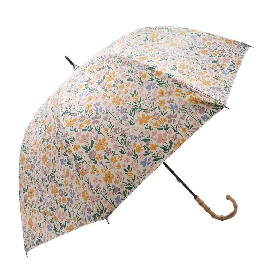 【2026新作】100％完全遮光 日傘/雨傘/晴雨兼用傘 ブラックコーティング 竹製ハンドル バンブーハンドル ショート傘 マルチボタニカル柄 親骨50cm