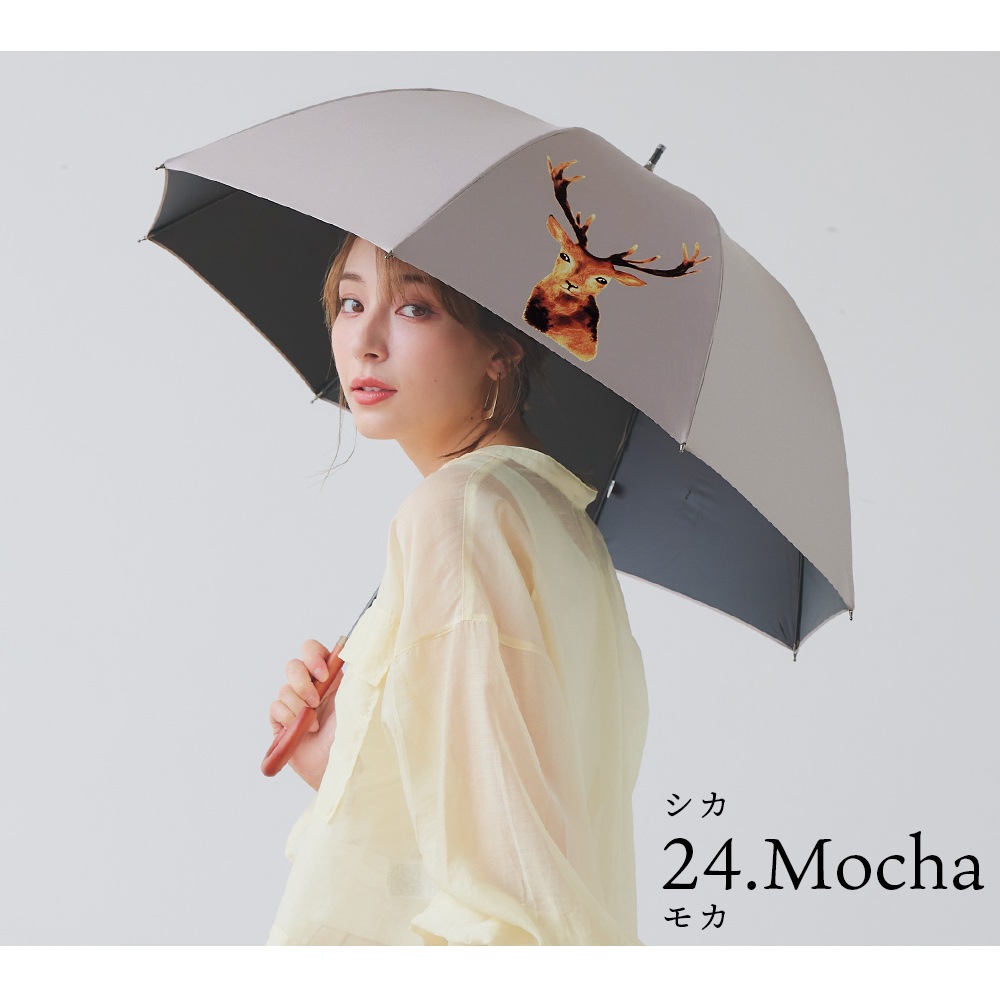 100％完全遮光 日傘/雨傘/晴雨兼用傘 ブラックコーティング 木製ハンドル ショート傘 動物柄(オウム柄/リス柄/シカ柄) 親骨50cm
