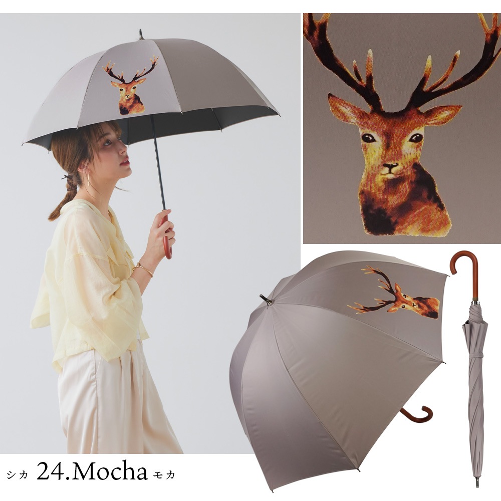 100％完全遮光 日傘/雨傘/晴雨兼用傘 ブラックコーティング 木製ハンドル ショート傘 動物柄(オウム柄/リス柄/シカ柄) 親骨50cm
