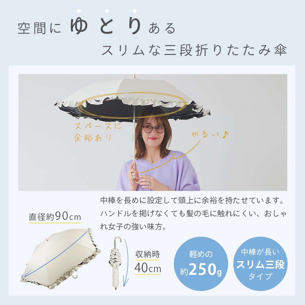 【再入荷】【新色ラベンダー追加】【軽量スリム三段折りたたみ傘】 100％完全遮光 日傘/雨傘/晴雨兼用傘 折りたたみ傘 uchimizu(ウチミズ) フリル 親骨51cm