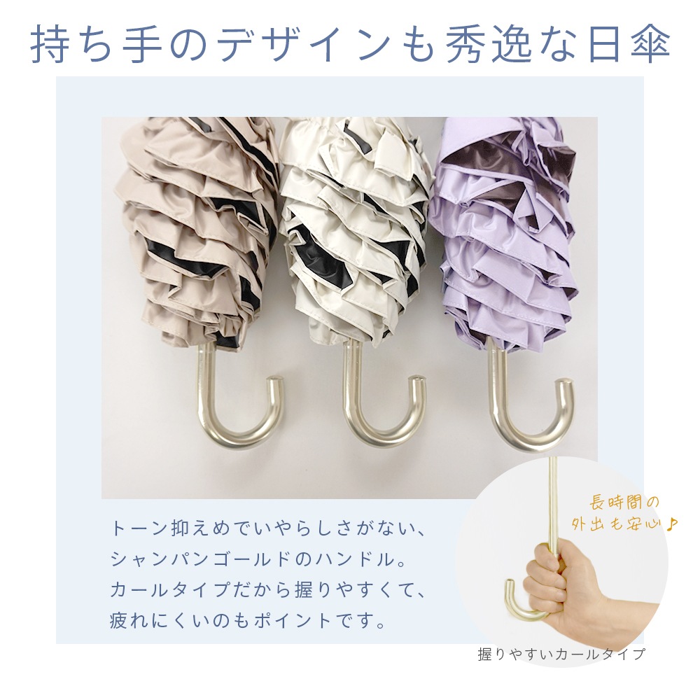 【再入荷】【新色ラベンダー追加】【軽量スリム三段折りたたみ傘】 100％完全遮光 日傘/雨傘/晴雨兼用傘 折りたたみ傘 uchimizu(ウチミズ) フリル 親骨51cm