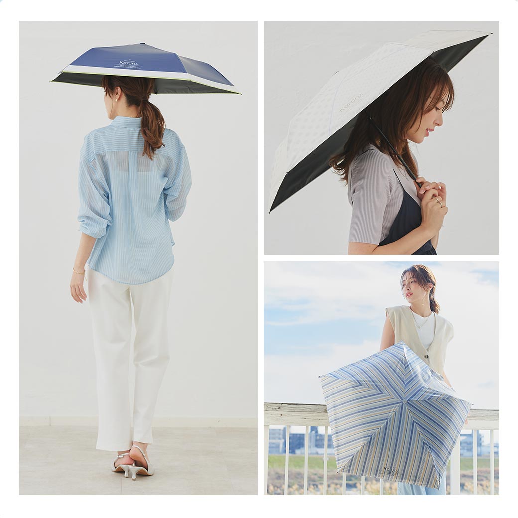 【2026新作】超軽量 100％完全遮光 UVカット 日傘/雨傘/晴雨兼用傘 ブラックコーティング 折りたたみ傘 Karuru.(カルル)　フラワー柄/ドット柄/ストライプ柄 親骨50cm