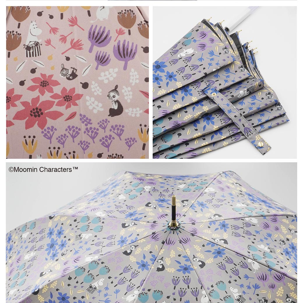 【2026新作】【ムーミンコラボ】100％完全遮光 日傘/雨傘/晴雨兼用傘 ブラックコーティング ジャンプ傘 お花畑 親骨60cm Moomin