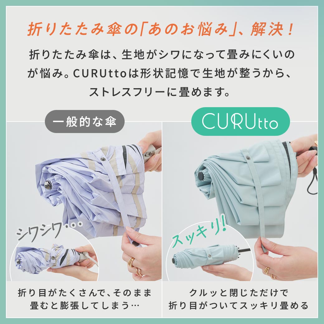 【2026新作】くるっと畳みやすい傘 CURUtto（クルット） 100％完全遮光 UVカット 日傘/雨傘/晴雨兼用 ブラックコーティング 折りたたみ傘 【自動開閉】 親骨50cm