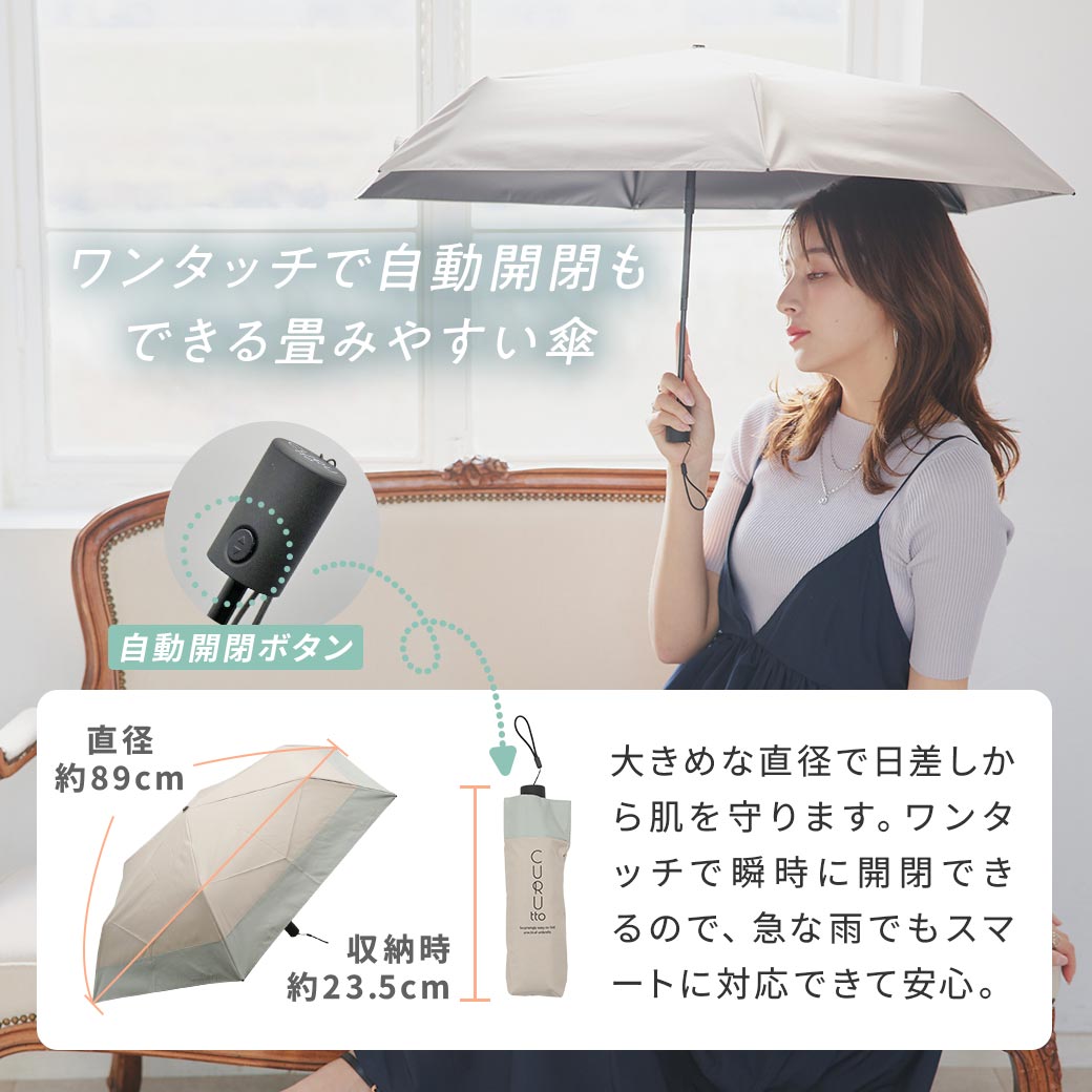 【2026新作】くるっと畳みやすい傘 CURUtto（クルット） 100％完全遮光 UVカット 日傘/雨傘/晴雨兼用 ブラックコーティング 折りたたみ傘 【自動開閉】 親骨50cm