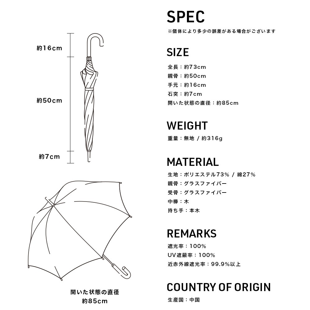 100％完全遮光 UVカット 遮熱 日傘 パラソル 木棒/木製ハンドル ショート傘 Paraffi(パラフィ) チェック柄 親骨50cm