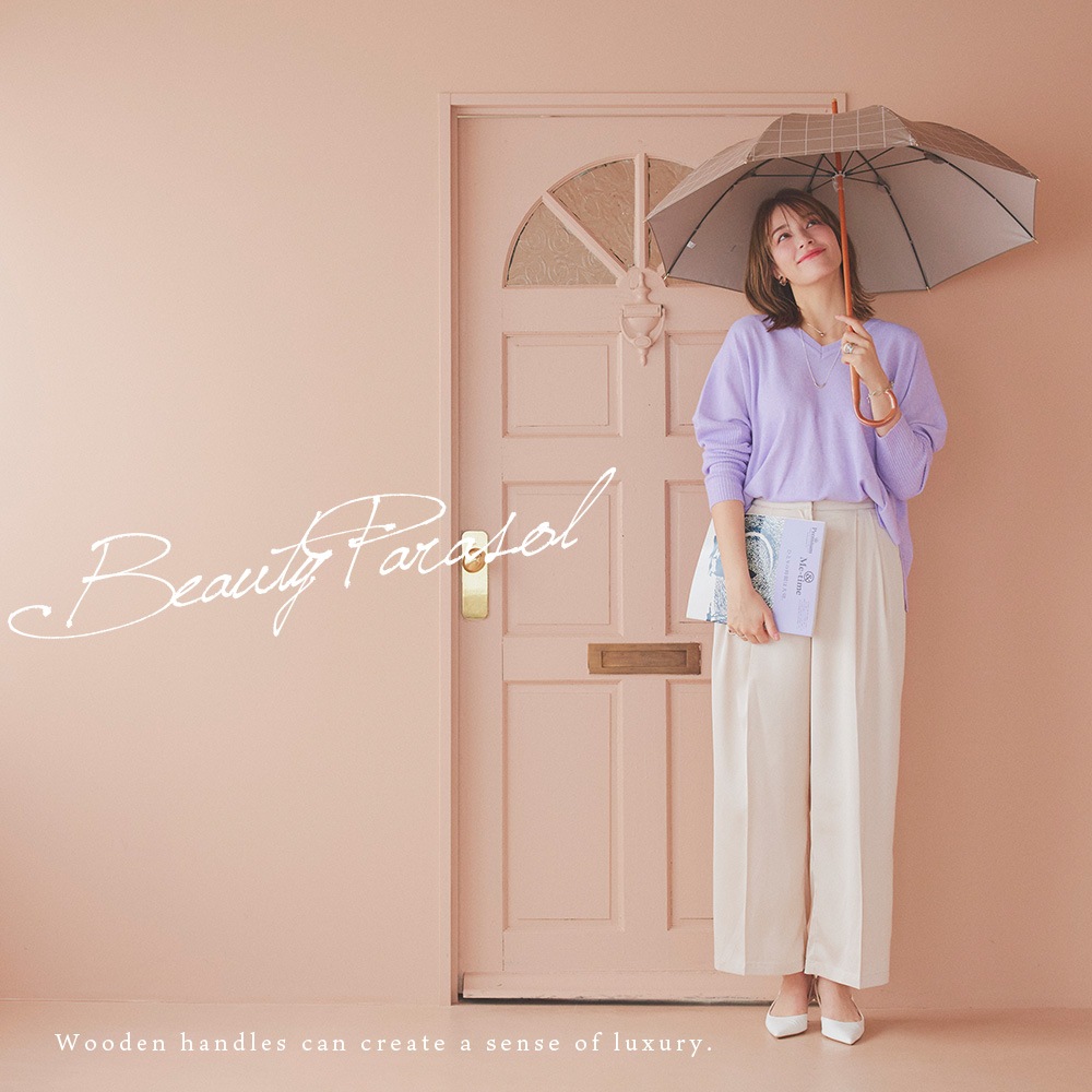 100％完全遮光 UVカット 遮熱 日傘 パラソル 木棒/木製ハンドル ショート傘 Paraffi(パラフィ) チェック柄 親骨50cm