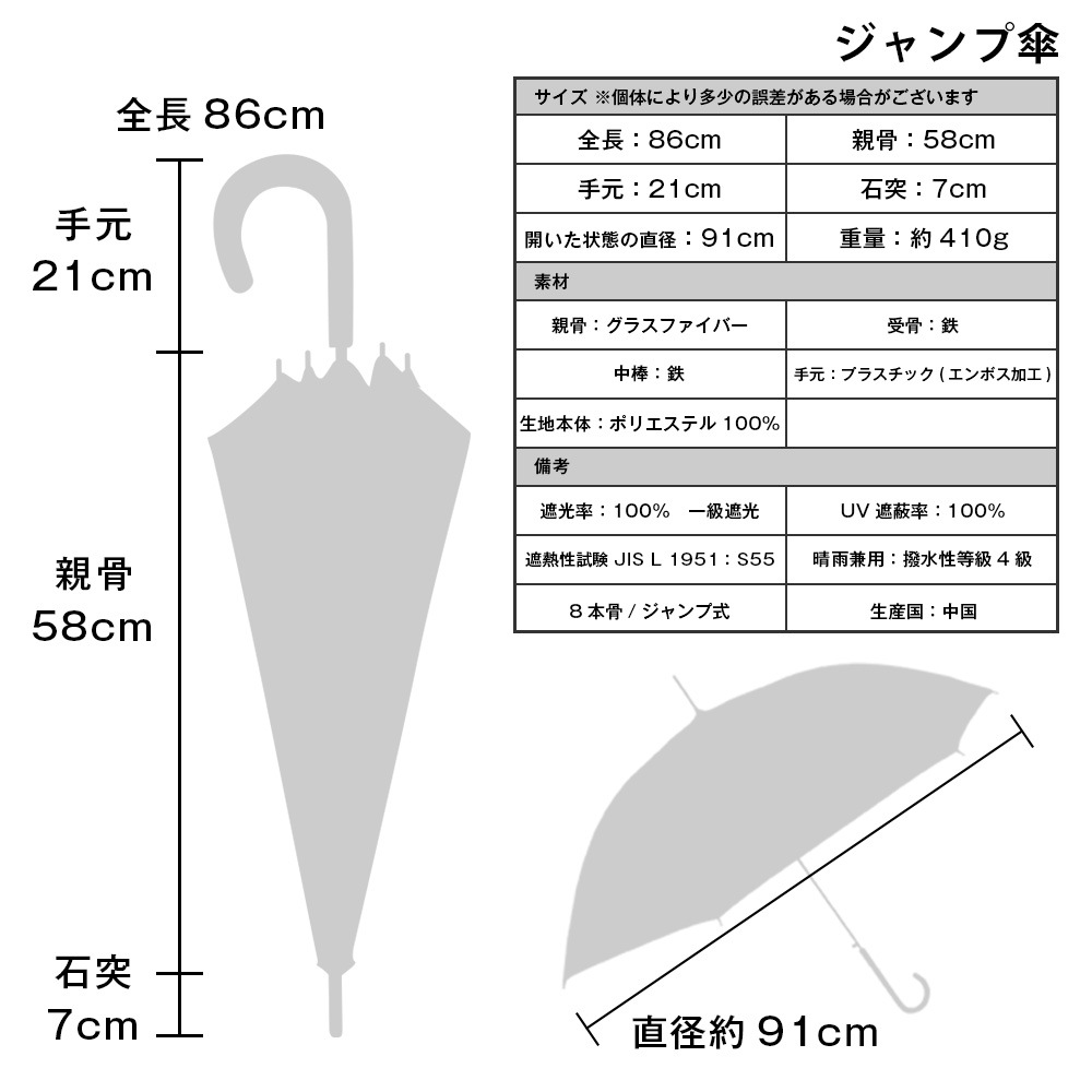 【2025新作】100％完全遮光 日傘/雨傘/晴雨兼用傘 ブラックコーティング ジャンプ傘 レース柄 親骨58cm