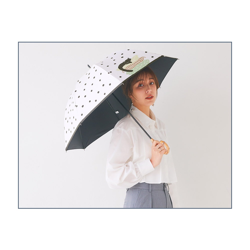【2025新作】100％完全遮光 日傘/雨傘/晴雨兼用傘 ブラックコーティング 竹製ハンドル バンブーハンドル ショート傘 おやすみねこ柄 親骨50cm
