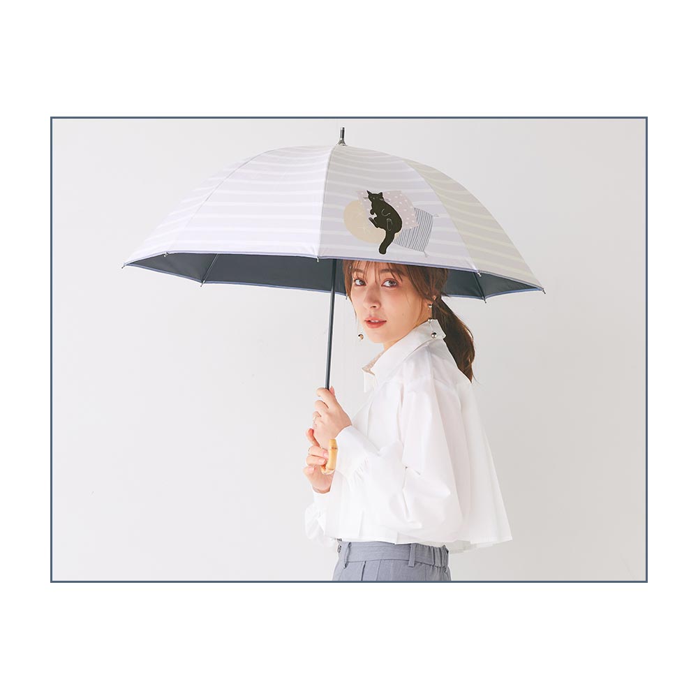 【2025新作】100％完全遮光 日傘/雨傘/晴雨兼用傘 ブラックコーティング 竹製ハンドル バンブーハンドル ショート傘 おやすみねこ柄 親骨50cm