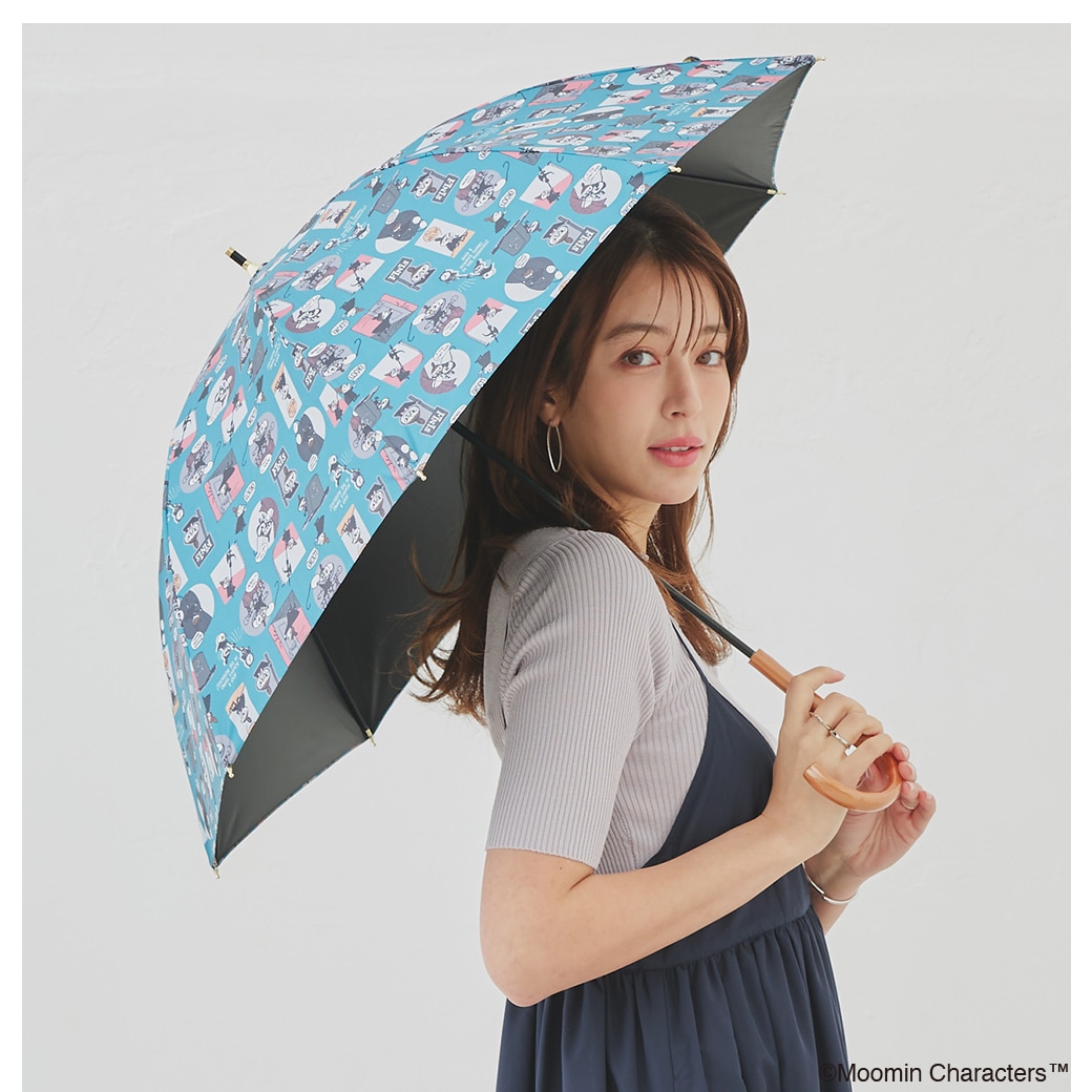 【2026新作】【ムーミンコラボ】【プレミアムシリーズ】100％完全遮光 日傘/雨傘/晴雨兼用傘 木製ハンドル ショート傘 リトルミイ バッジアート 親骨50cm Moomin