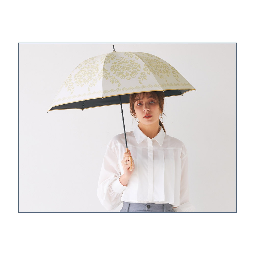 【2025新作】100％完全遮光 日傘/雨傘/晴雨兼用傘 ブラックコーティング 竹製ハンドル バンブーハンドル ショート傘 ダマスク柄 親骨50cm
