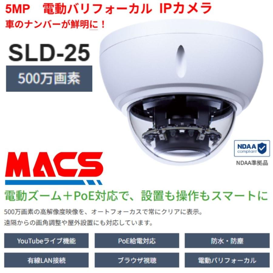 SLD-25 防水防塵　カラードーム型　IPカメラ（500万画素）YouTube配信機能　車両ナンバーがくっきり　屋外使用可　電動ズーム　オートフォーカス