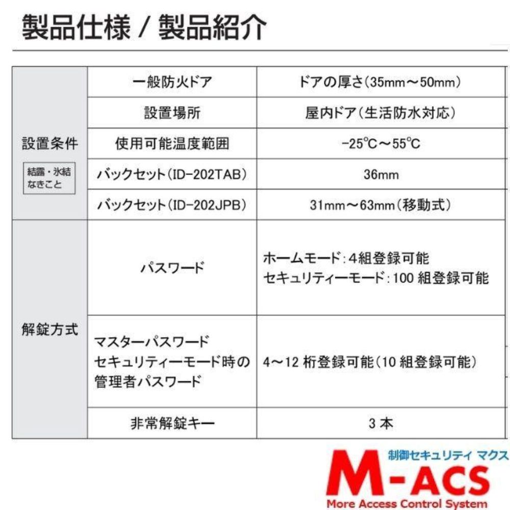 動画あり ID-202TAB-S ACS-BH2 セット販売（シルバー） 室内機:縦型　非常キー３本　コストパ重視の暗証番号入力式 ロックマンジャパン　おしゃれ 電子錠