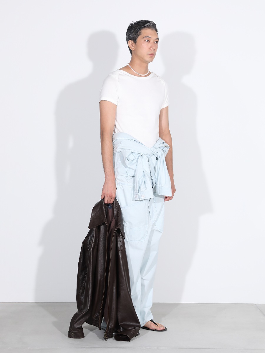 EMBROIDERED TRIM BOAT NECK TEE S/COTTON