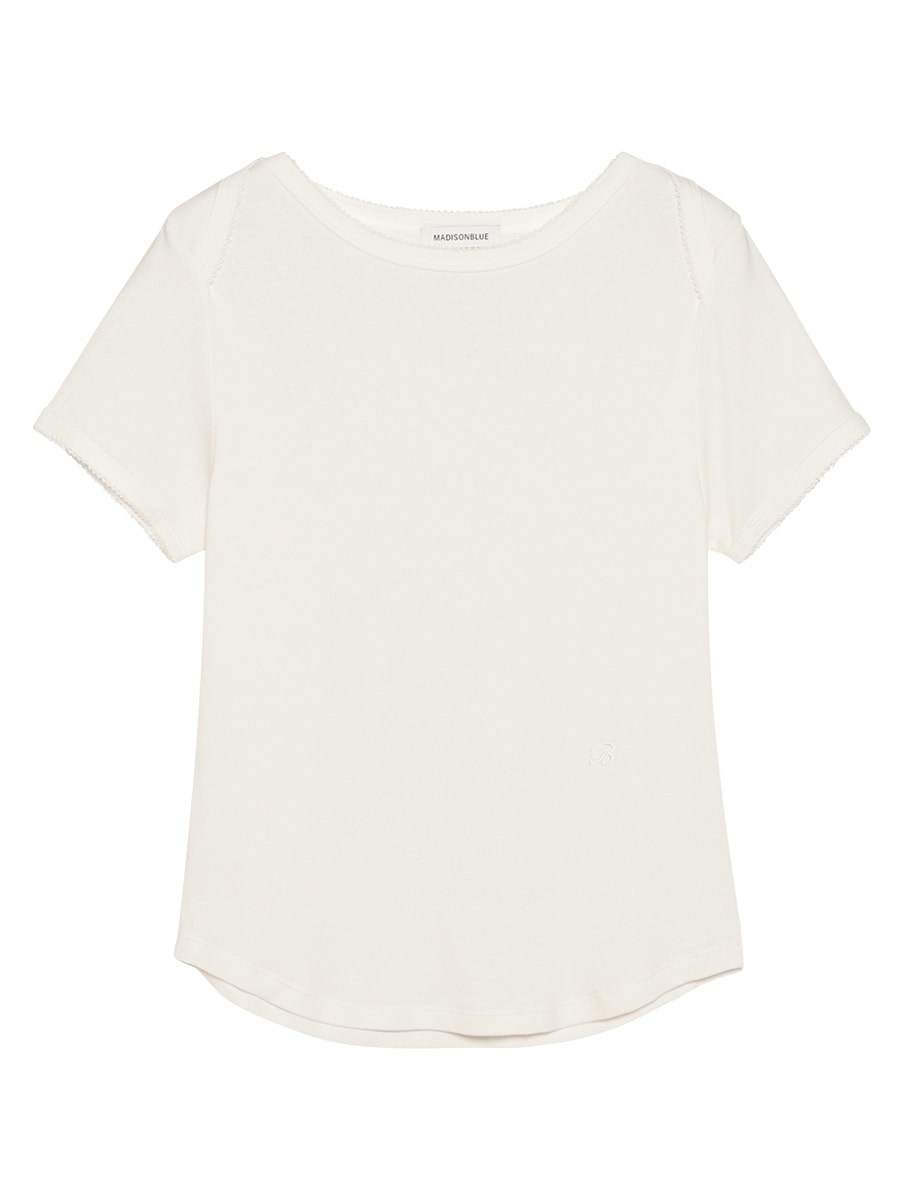 EMBROIDERED TRIM BOAT NECK TEE S/COTTON