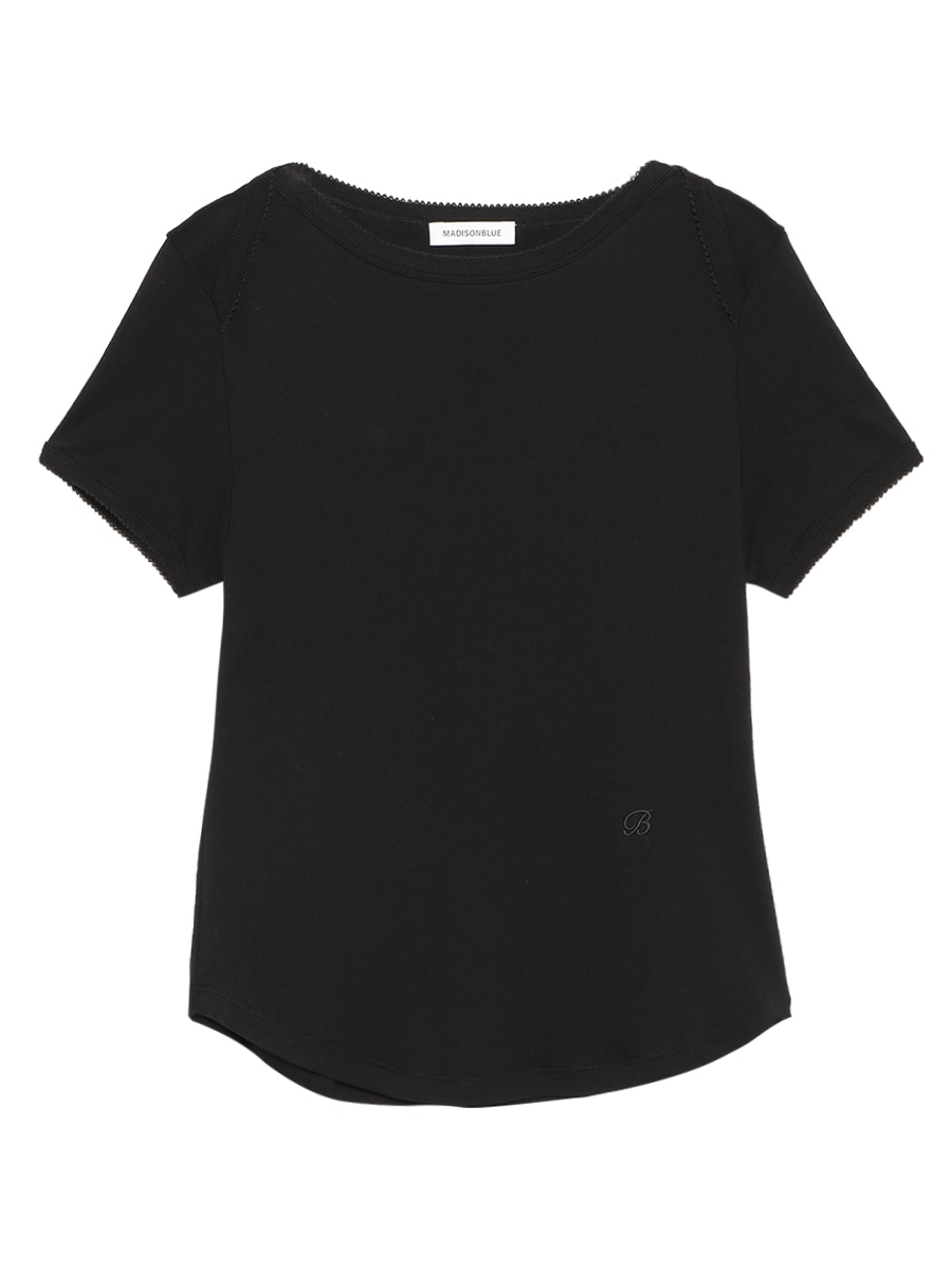 EMBROIDERED TRIM BOAT NECK TEE S/COTTON