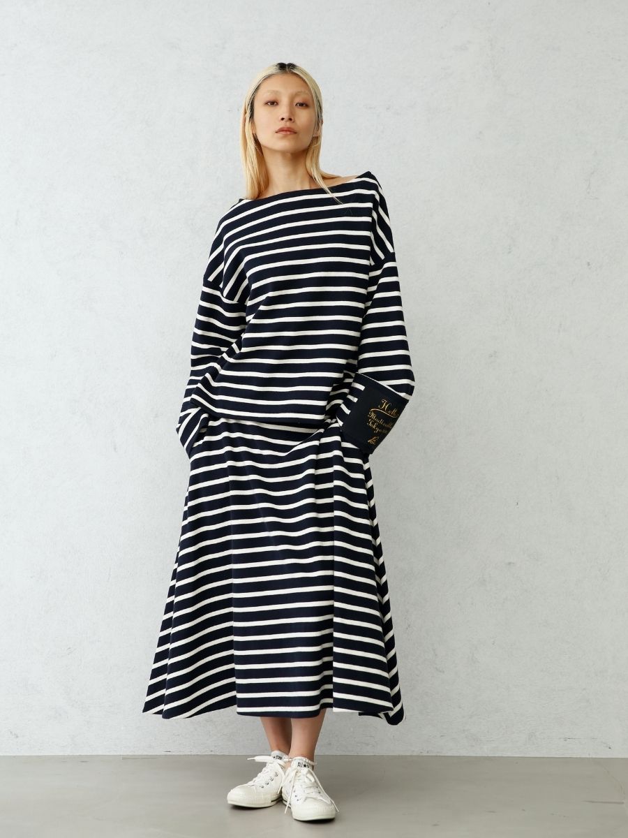 人気☆MADISONBLUE インディゴ ボートネック ボーダーカットソー BOAT NECK COMPACT L/S TEE BORDER(1 BLACK): MADISONBLUE