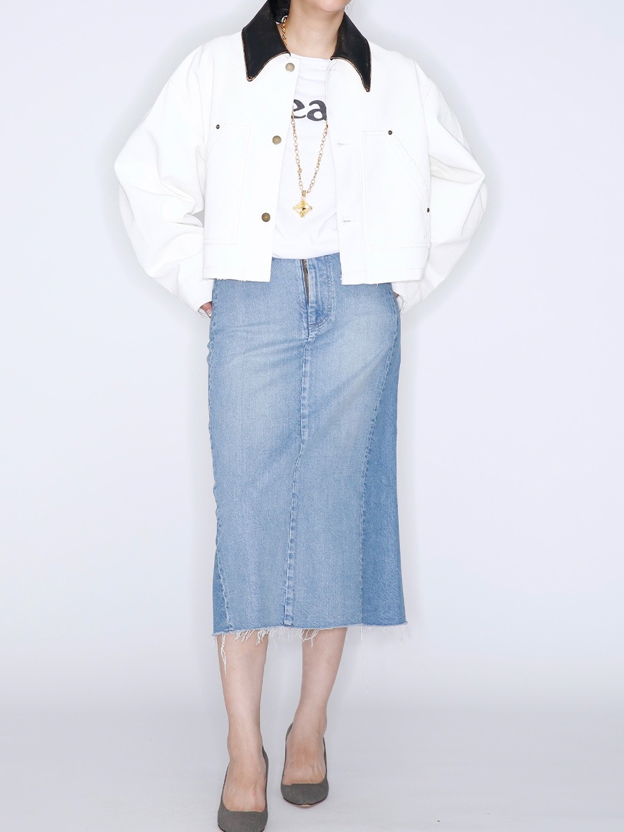 マディソンブルー　襟レザー切り替えクロップドトラッカーデニムジャケット マディソンブルー 襟レザー切り替えクロップドトラッカーデニム