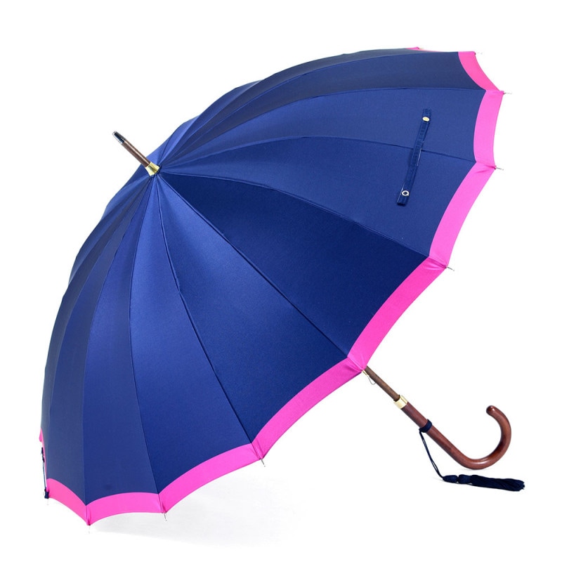【未使用・保管品】前原光榮商店 レディース雨傘 タグ、タッセル付き ポリエステル レディース雨傘】ボーダー-折りたたみ-ネイビー|トンボ洋傘前原