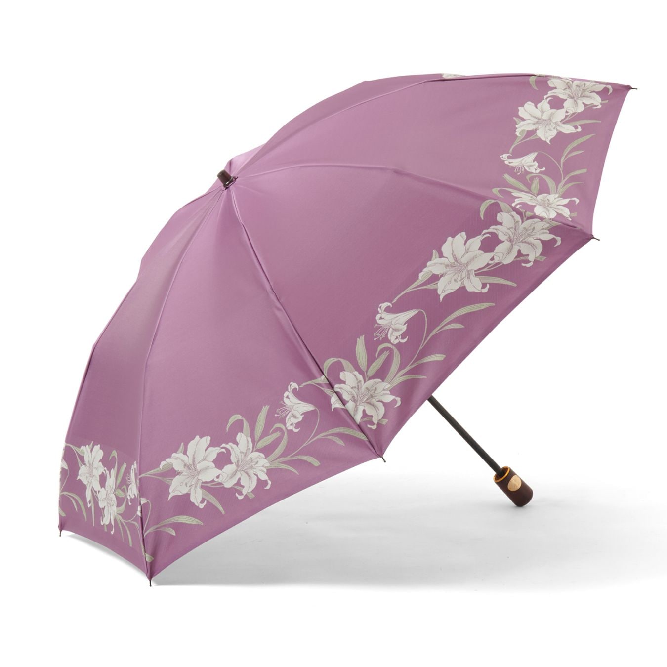 【新品未使用】前原光栄商店　洋傘　長傘　紫色 花柄 雨傘　16本骨　パープル レディース雨傘】リリウム-折りたたみ-モーブパープル｜トンボ