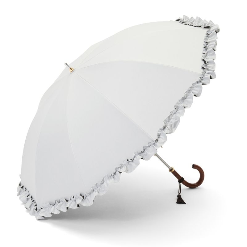 【レディース晴雨兼用傘】一級遮光-フリル-ショート-ライトグレー