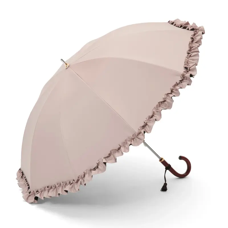 【レディース晴雨兼用傘】一級遮光-フリル-ショート-グレージュ