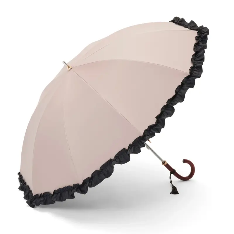 【レディース晴雨兼用傘】一級遮光-フリル-ショート-グレージュ×ブラックフリル