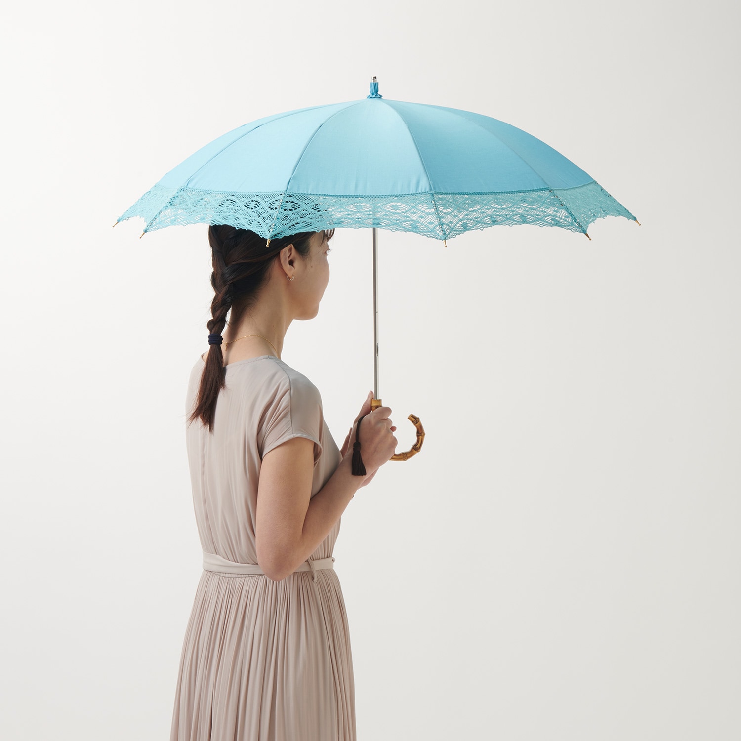 「新品未使用品」前原光栄商店　タグ付き日傘長傘　レースお洒落 レディース晴雨兼用傘】レース柄オパール-折りたたみ-ネイビー