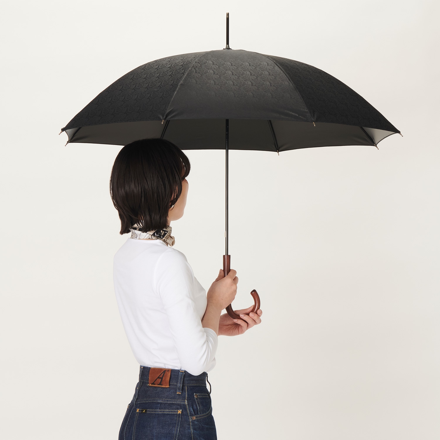ユニセックス晴雨兼用傘】一級遮光-ペイズリー-長-ブラック