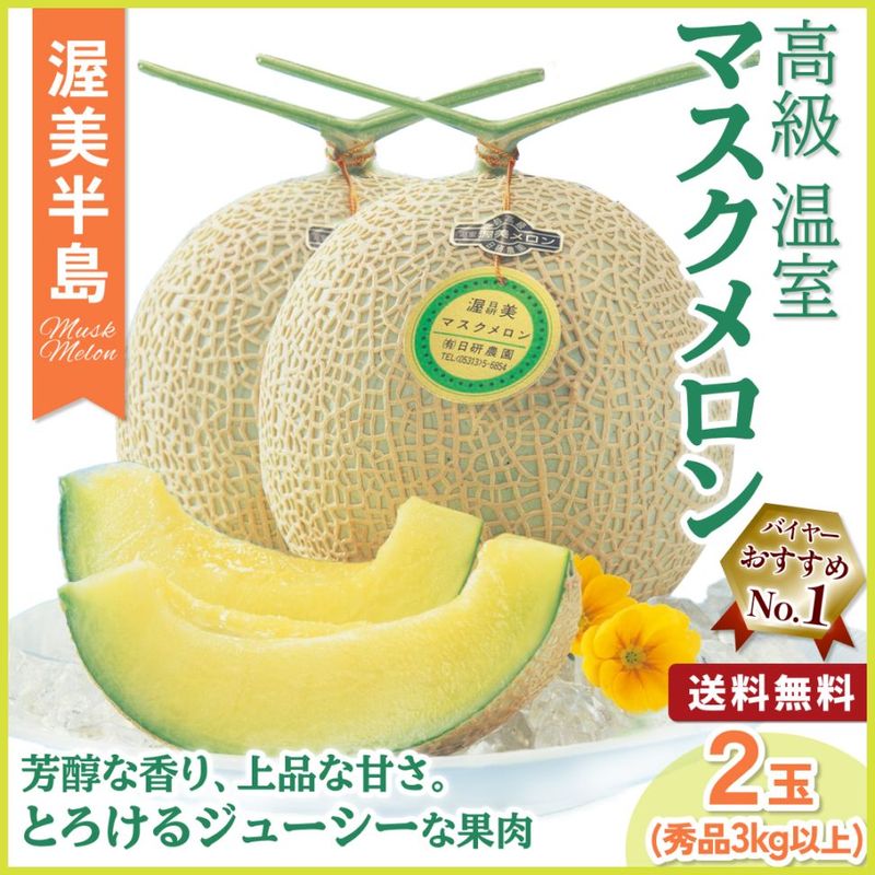高級 温室マスクメロン 2玉 秀品3kg以上 愛知県渥美半島から産地直送 6～12営業日で発送 送料無料
