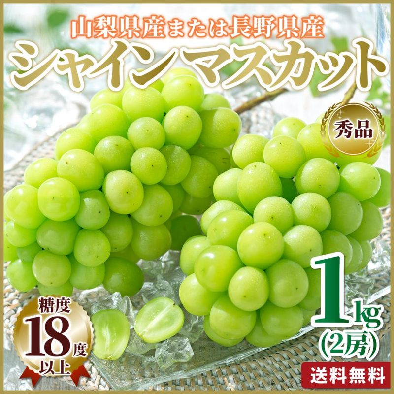 シャインマスカット 山梨産または長野産 秀品 1kg(2房) お届け時期8月18日以降順次発送 送料無料