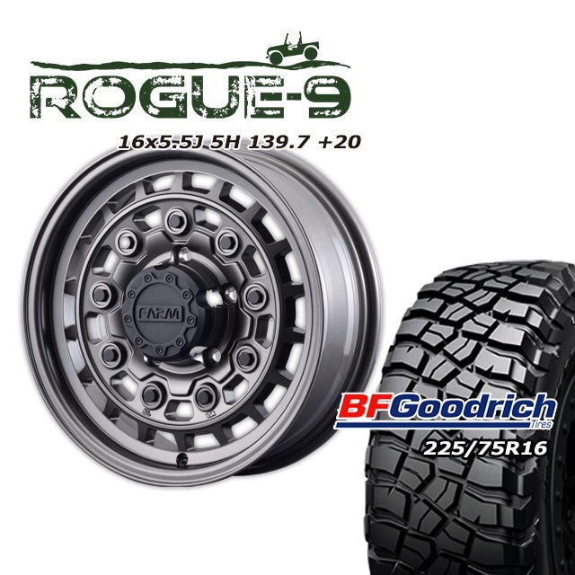 FARM ROGUE-9 ¥Þ¥Ã¥È¥¬¥ó¥á¥¿¥ê¥Ã¥¯ 16¡ß5.5J/5H +20 BF¥°¥Ã¥É¥ê¥Ã¥Á Mud-Terrain T/A KM3 225/75R16 (4ËÜ¥»¥Ã¥È or 1ËÜ)
