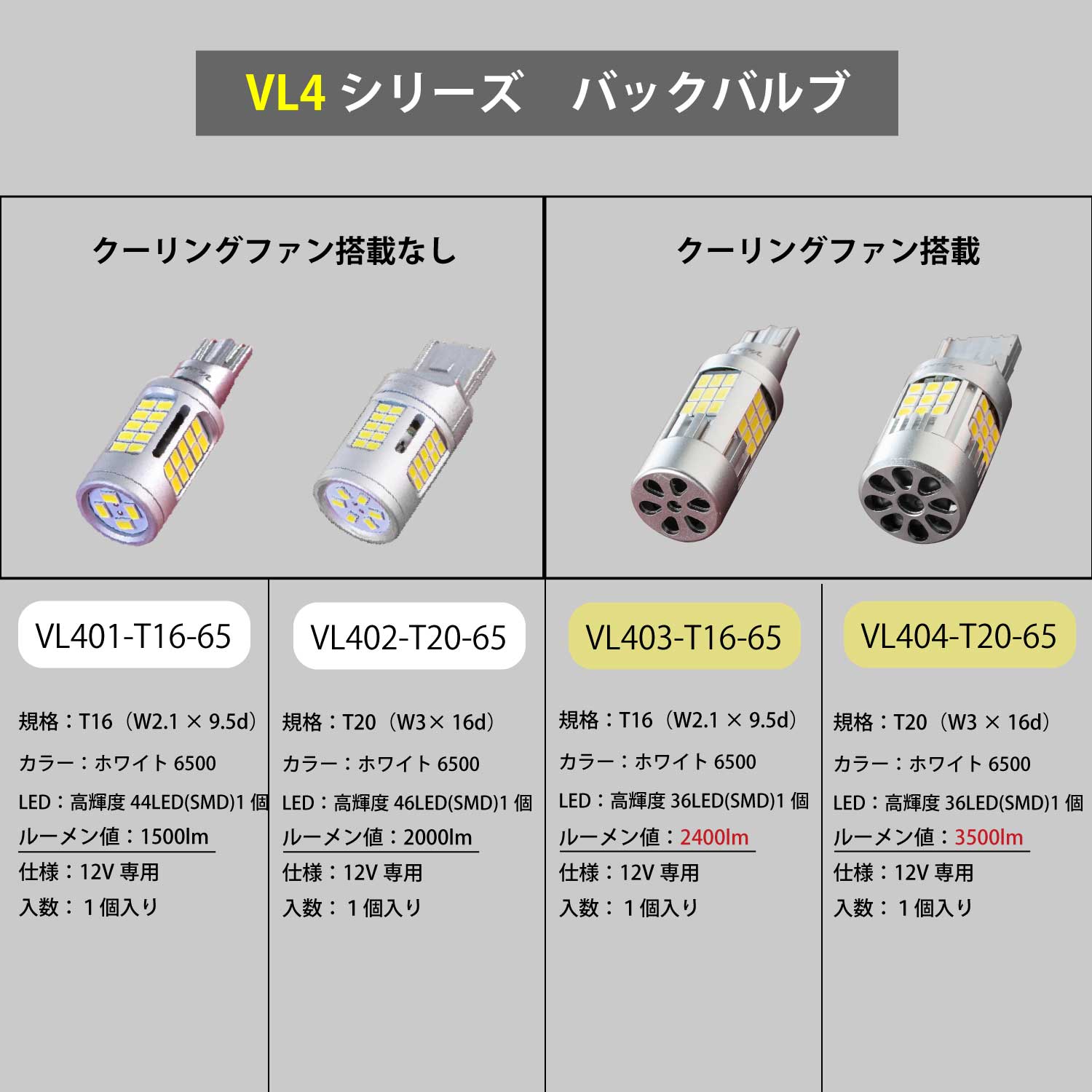 VALENTI ヴァレンティ ジュエルLEDバルブ VL4シリーズ VL404 T20クールホワイト6500 バックランプ 12V 1個入り【車検対応】