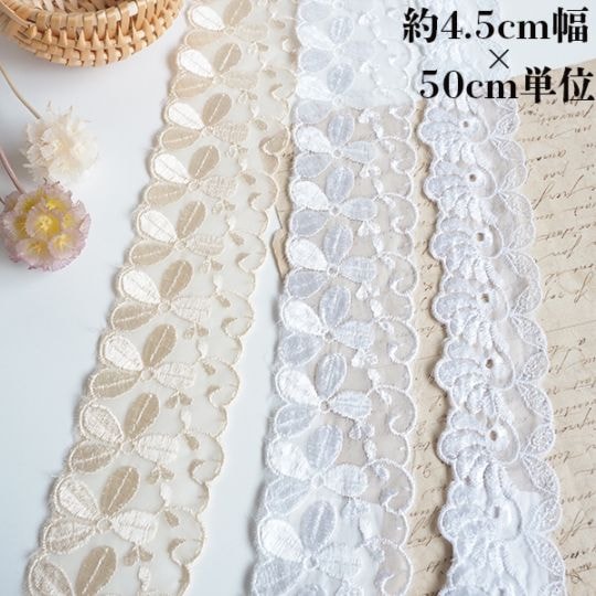 4.5cm幅 アンティークレース 光沢ケミカルレース  襟レース デットストック フリルレース スカラップ刺繍リボン レースパーツ 衣装装飾 ダンスコスチューム 飾り付け インテリア装飾 営業日即日発送 [ワールデザインmakiras 全商品商用可 リボンレース卸]