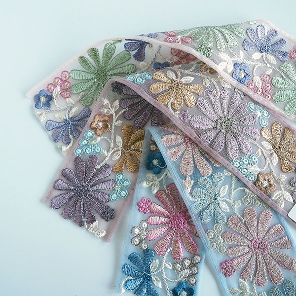 6cm幅 くすみカラー 花火風刺繍リボン インドリボン 菊モチーフ花柄刺繍リボン 手芸用テープ リボン最安値 営業日即日発送