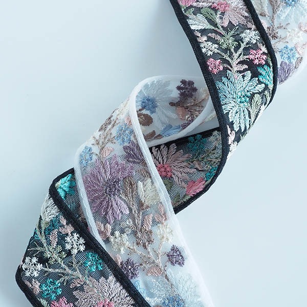 4cm幅 淡色 ペールカラー マーガレット風インド花柄リボン エーデルワイス風フラワー刺繍リボン 営業日即日発送