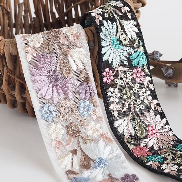 4cm幅 淡色 ペールカラー マーガレット風インド花柄リボン エーデルワイス風フラワー刺繍リボン 営業日即日発送