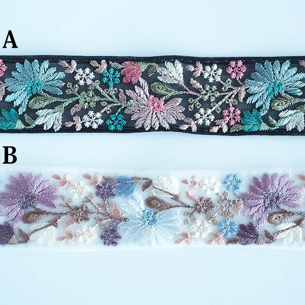 4cm幅 淡色 ペールカラー マーガレット風インド花柄リボン エーデルワイス風フラワー刺繍リボン 営業日即日発送