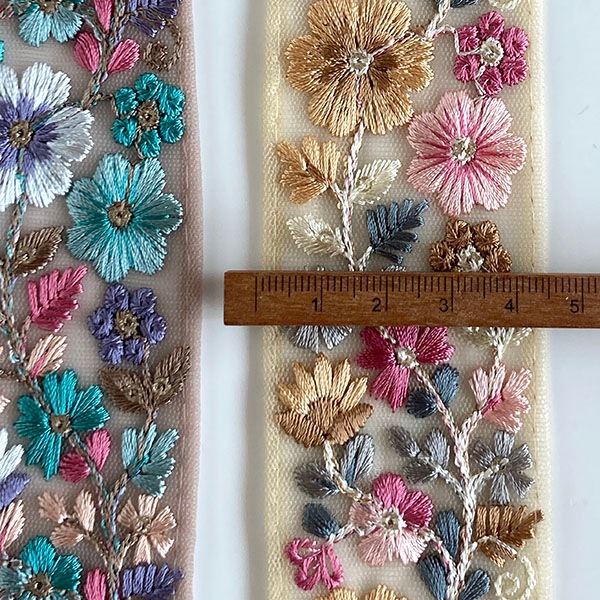 4.5cm幅 カラフルカラー レトロフラワーインド花柄リボン チュール刺繍リボン 営業日即日発送