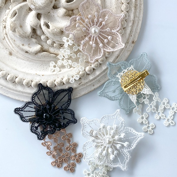 6cm パール付き花 5個 オーガンジーフラワーレースリボン 光沢フラワーモチーフパーツ お花シフォンレース  営業日即日発送 