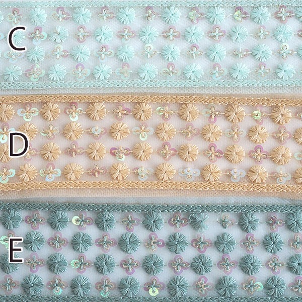 5.5cm幅 くすみカラー スパンコール刺繍リボン インドリボン メッシュリボン ボタニカル柄 営業日即日発送 